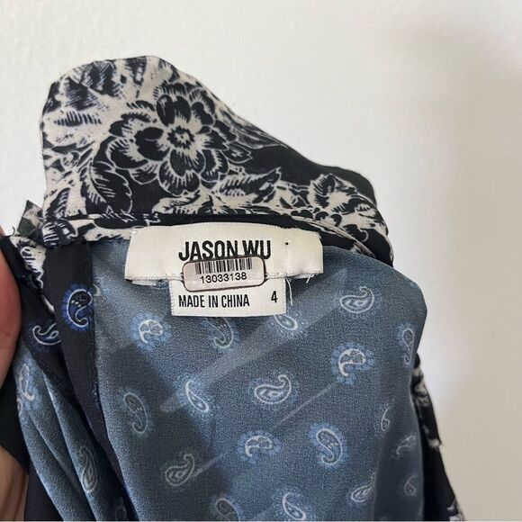 Jason Wu Paisley Ruffle Top Navy Satin sz 4 - Picture 6 of 9